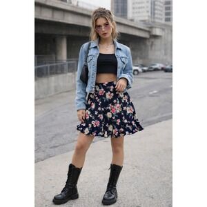 Chaps Y2K Floral Mini Skirt XL Chiffon Flare Ruffle Navy Pink 200s Fairy Goth